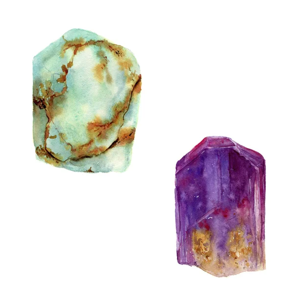 Aquarell Edelsteinset vorhanden. Jade Türkis und Amethyst Steine isoliert — Stockfoto