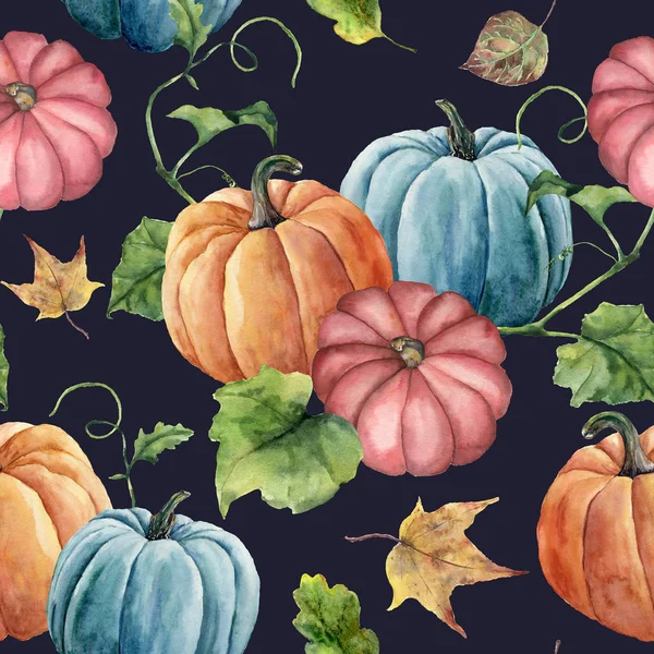 Aquarellblätter und leuchtende Kürbismuster. Handbemalter Herbst-Kürbisschmuck mit Zweig isoliert auf dunkelblauem Hintergrund. Botanische Illustration für Design und Stoff, Halloween. — Stockfoto