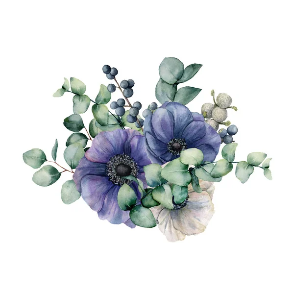 Aquarellstrauß mit Anemone und Eukalyptus. handbemalte blaue und weiße Blüten, grüne Blätter, Beeren, Zweig isoliert auf weißem Hintergrund. Illustration für Design, Druck oder Hintergrund. — Stockfoto