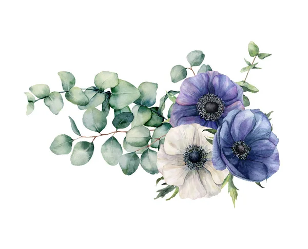 Aquarell asymmetrisches Bouquet mit Eukalyptus und Anemone. handbemalte blaue und weiße Blüten, Eukalyptusblätter und Zweige isoliert auf weißem Hintergrund. Illustration für Design, Druck oder Hintergrund. — Stockfoto