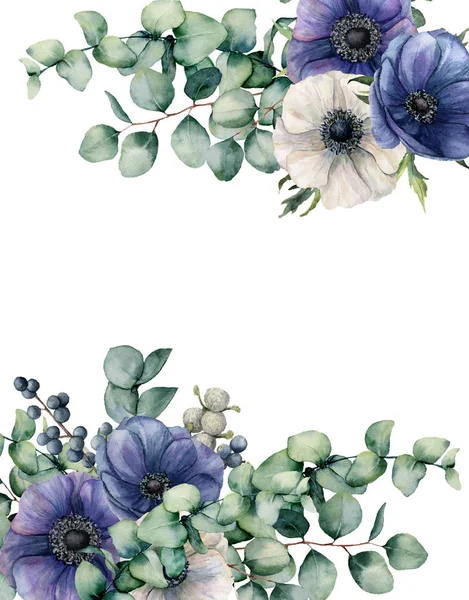 Ακουαρέλα Ανεμώνη και ευκάλυπτο floral κάρτα. Χέρι βαμμένο μπλε και άσπρα λουλούδια, τα φύλλα ευκαλύπτου που απομονώνονται σε λευκό φόντο. Εικονογράφηση για το σχεδιασμό, ύφασμα, εκτύπωση ή φόντο. — Φωτογραφία Αρχείου