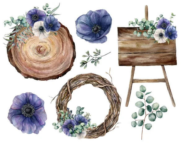 Decorazione di nozze ad acquerello con anemoni blu. Foglie e rami di eucalipto dipinti a mano, piante, ghirlanda di alberi, tavole con texture in legno e bouquet isolato su sfondo bianco. Partito floreale set . — Foto Stock