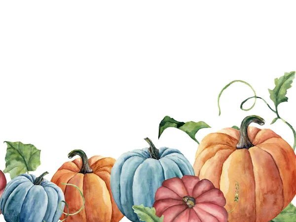 Aquarell heller Kürbis und Blätter Karte. Hand bemalter Herbst-Kürbisschmuck mit Zweig isoliert auf weißem Hintergrund. Botanische Illustration für Design und Stoff, Halloween. — Stockfoto