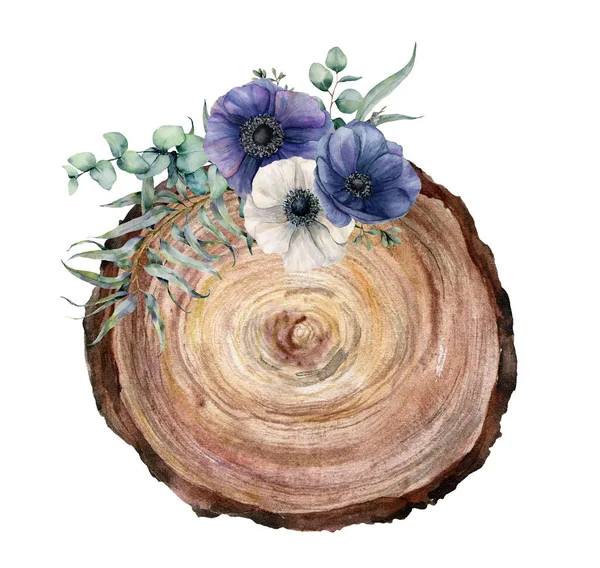 Акварельний перетин дерева з синьо-білим анемоновим букетом. Ручні розфарбовані квіти та листя евкаліпта на білому тлі. Ілюстрація для дизайну, друку, тканини або фону . — стокове фото