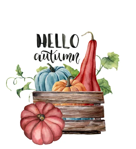 Aquarel Hallo herfst kaart met pompoenen. Hand geschilderde heldere pompoenen met bladeren en takken geïsoleerd op een witte achtergrond. Herfst oogst. Botanische illustratie met belettering voor ontwerp, afdrukken. — Stockfoto