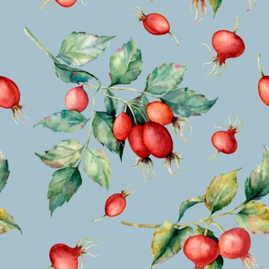 Sulu boya Dikişsiz desen Şubesi köpek rose, kırmızı çilek ve yeşil yaprakları ile. El Briar boyalı ve kalça üzerinde mavi arka plan izole. Gösterim amacıyla tasarım, kumaş, Yazdır veya arka plan.