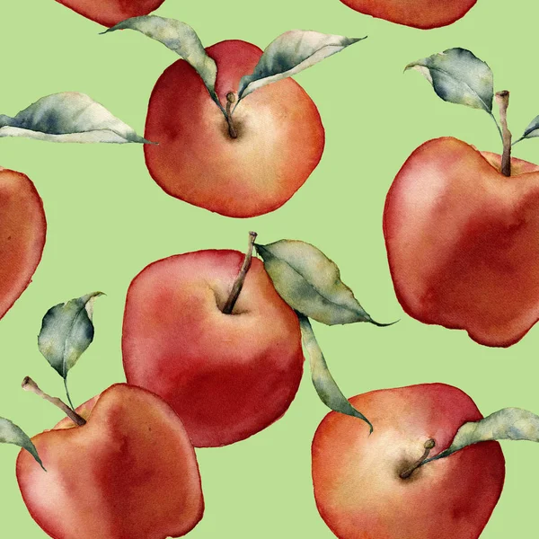 Акварель бесшовный узор с яблоками. Красные яблоки ручной работы с листьями изолированы на зеленом фоне. Ботанические иллюстрации пищевых продуктов для дизайна, печати или фона — стоковое фото