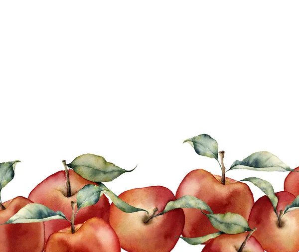 Aquarel kaart met appels. Handgeschilderde grens met rode appels en bladeren geïsoleerd op een witte achtergrond. Botanische voedsel illustratie voor ontwerp, print of achtergrond — Stockfoto
