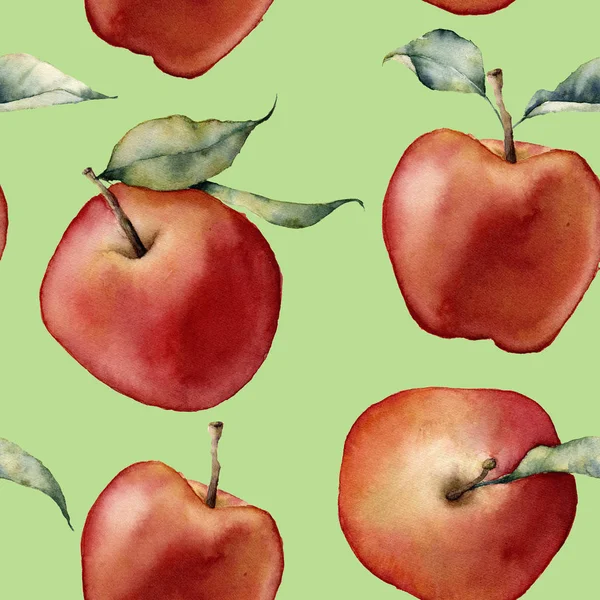 Aquarel apple patroon. Handgeschilderde rode appels met bladeren geïsoleerd op groene achtergrond. Botanische voedsel illustratie voor ontwerp, print of achtergrond — Stockfoto