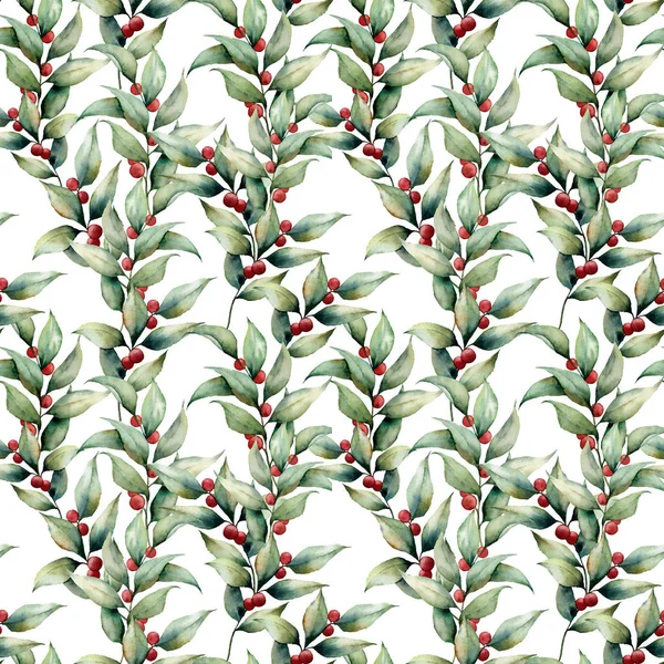Akvarell seamles stora mönster med lingonris. Handmålade blommig illustration med blad, bär och grenar isolerad på vit bakgrund. Botaniska element för design, tyg eller bakgrund. — Stockfoto