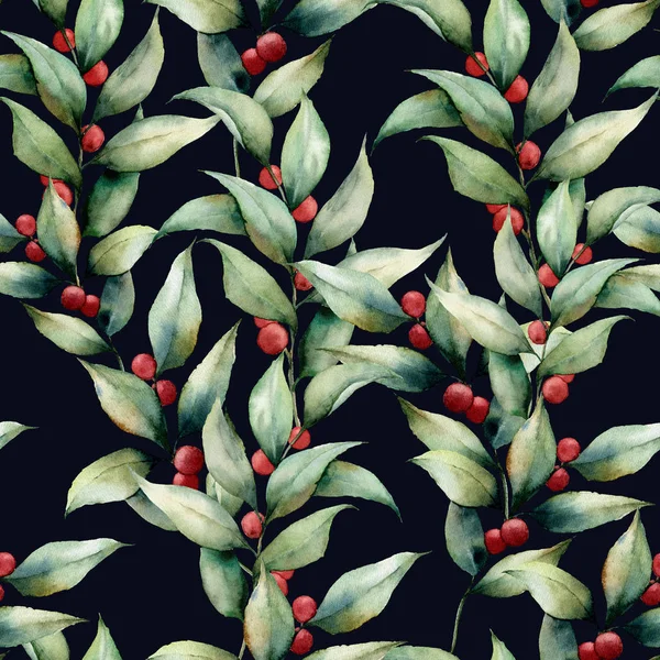 Cowberry와 수채화 완벽 한 패턴입니다. 손으로 그린 잎, 열매와 가지 어두운 파란색 배경에 고립 된 꽃 그림. 디자인, 직물 또는 배경 식물 요소. — 스톡 사진