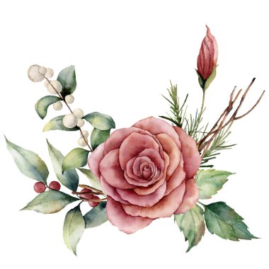 Suluboya buket gül ve snowberries. Pembe çiçek, yaprak ile boyalı çiçekli resimde yandan, lagurus çim ve izole üzerinde beyaz arka plan şubeleri. Tasarım, yazdırma veya arka plan için.