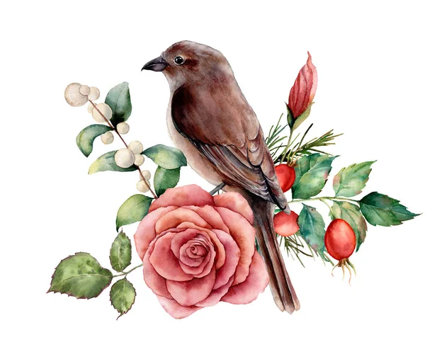 Акварельний букет з птахом і трояндою. Ручна розфарбована квіткова ілюстрація з рожевою квіткою, шипшиною, сніжинкою, листям та гілками ізольовані на білому тлі. Для дизайну, друку або тла . — стокове фото
