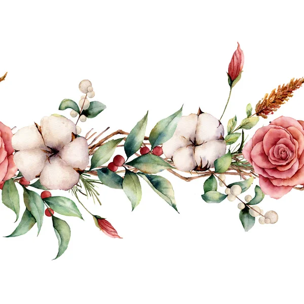 水彩の秋シームレスな境界線植物、花および果実。手描きの綿、ローズ、lagurus、葉、白い背景で隔離の枝。秋のデザイン、印刷の花のイラスト. — ストック写真