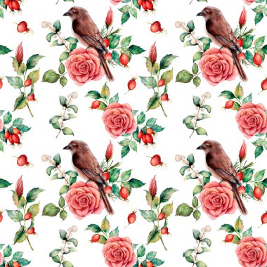 Kuş ve rose ile suluboya büyük sorunsuz patttern. El ile snowberries, dogrose, çiçek illüstrasyon boyalı yaprakları ve dalları üzerinde beyaz arka plan izole. Tasarım, yazdırma veya arka plan için.