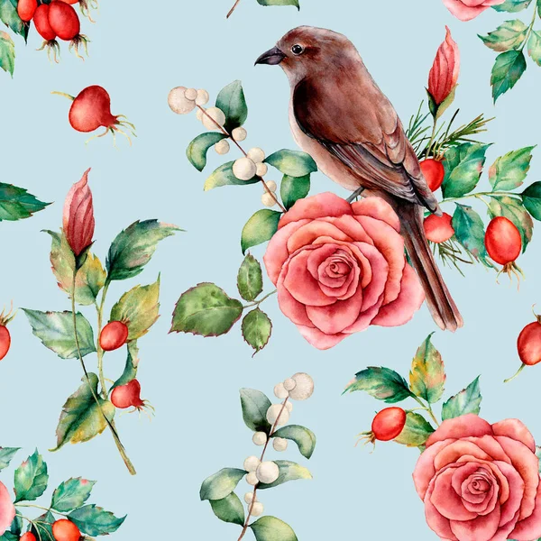 Aquarel naadloze patttern met vogel en rose. Handgeschilderde bloemen illustratie met snowberries, dogrose, bladeren en takken geïsoleerd op blauwe achtergrond. Ontwerp, afdrukken of op achtergrond. — Stockfoto