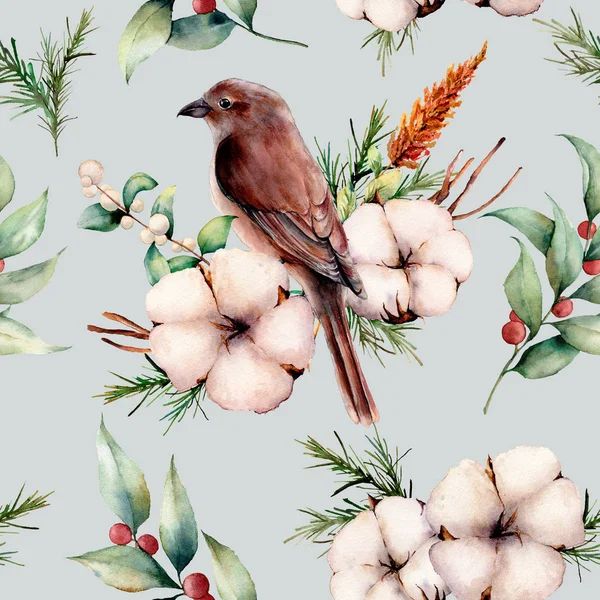 Wasserfarbe nahtlose Pattern mit Vogel und Baumwolle. handgemalte florale Illustration mit weißen Blüten, Schneebeeren, Blättern und Zweigen isoliert auf blauem Hintergrund. für Design, Druck oder Hintergrund. — Stockfoto