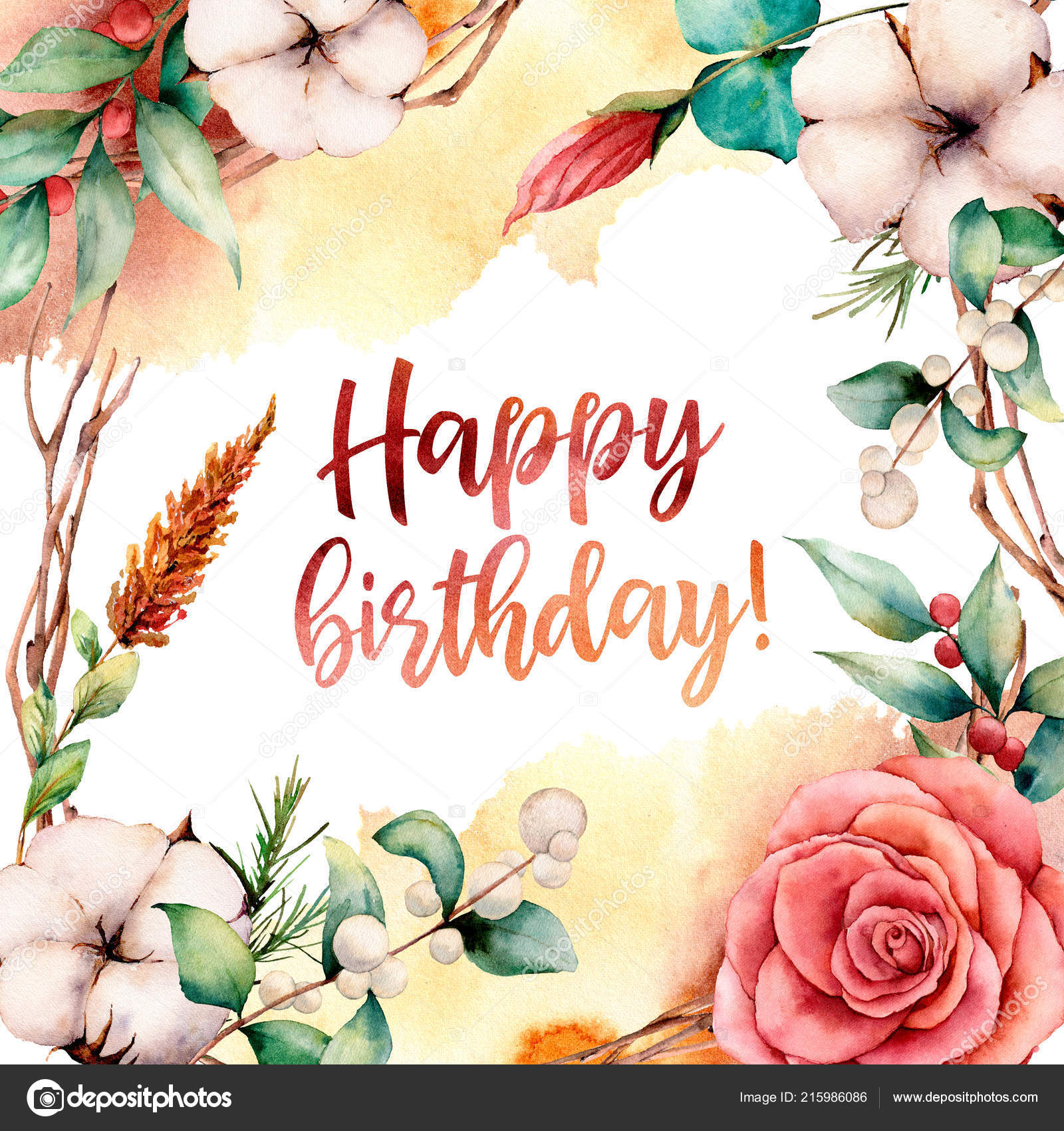 Watercolor happy birthday card with flowers. Hand painted tree border