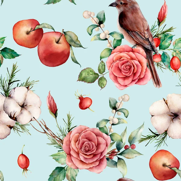 Patttern aquarelle sans couture avec oiseau et pomme. Illustration florale peinte à la main avec coton, pomme, dogrose, feuilles et branches isolées sur fond bleu. Pour la conception, l'impression ou le fond . — Photo