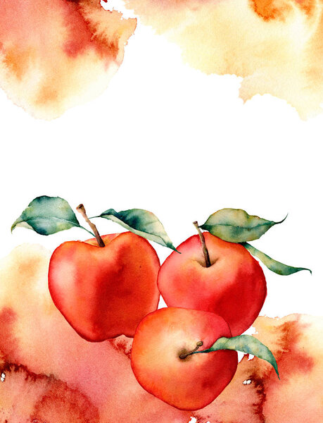 Watercolor card with splash and apple on white background.The color splashing in the paper.It is a hand drawn. Illustration for design, print or background