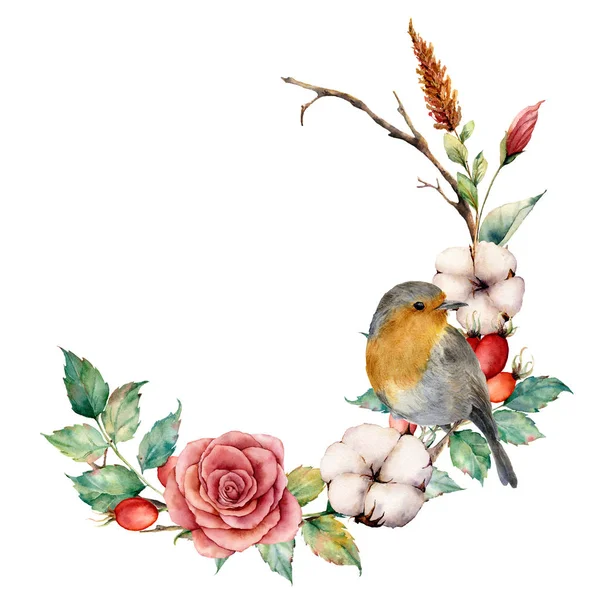 Akvarell krans med robin och bomull. Hand målade träd gränsen med ros, dogrose bär och blad isolerad på vit bakgrund. Illustration för design, tyg eller bakgrund. — Stockfoto