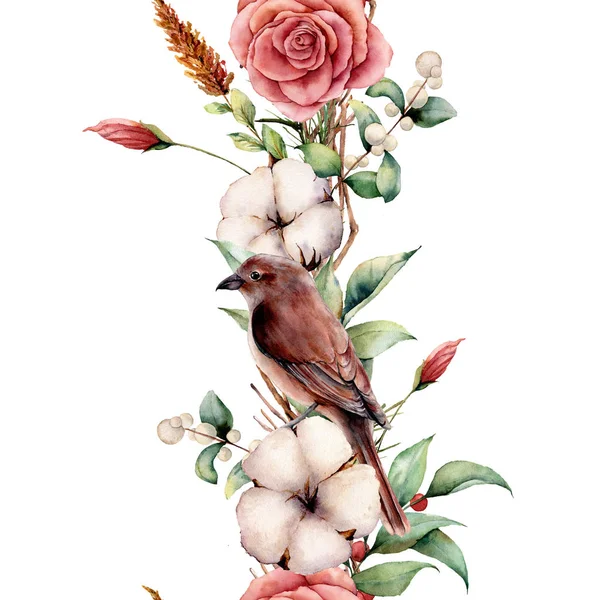 Borde vertical acuarela con pájaro y flores. Borde de árbol pintado a mano, algodón, rama, dalia, bayas y hojas, lagurus aislado sobre fondo blanco. Ilustración para diseño o fondo . —  Fotos de Stock