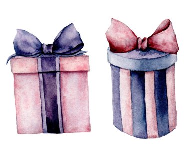 Sulu boya giftboxes küme. El Pembe boyalı ve menekşe hediye kutusu ile kurdele beyaz arka plan üzerinde izole. Tatil Gösterim amacıyla tasarım, yazdırma. Doğum günü partisi ayarla.