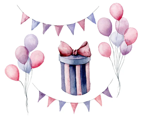 Aquarel verjaardag set. Handgeschilderde geschenkdoos met lint, vlag slingers, air ballonnen geïsoleerd op een witte achtergrond. Collectie pastel decor. Vakantie illustraties. — Stockfoto