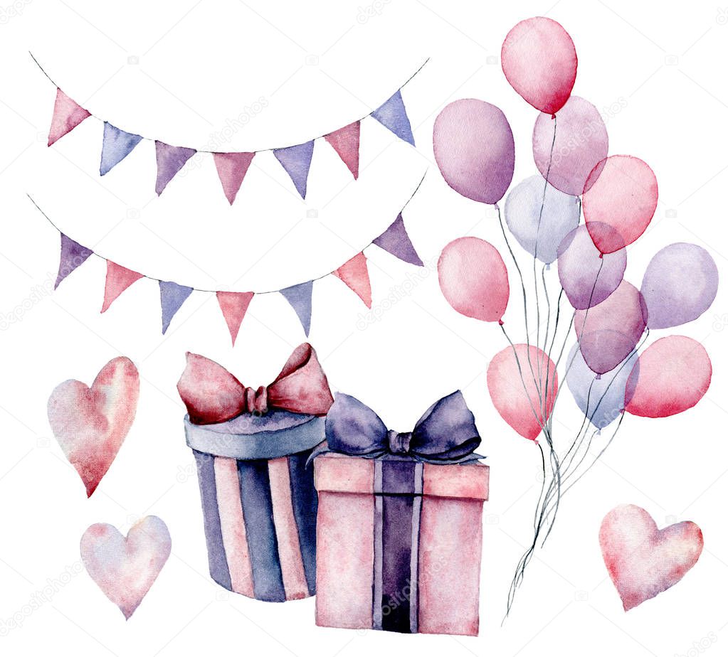 Watercolor birthday decor set. Hand painted gift boxes with ribbons, flag garlands, air balloons isolated on white background. Pastel decor collection. Holiday illustrations.