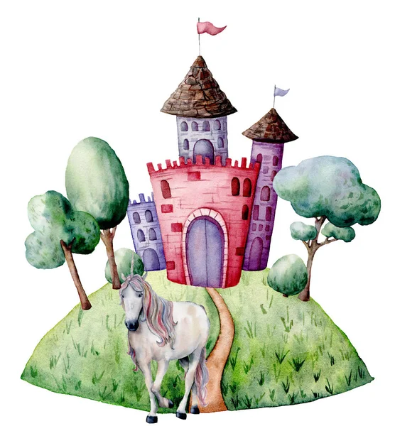 Aquarell Märchenkarte mit Einhorn und Schloss. handbemalte grüne Bäume und Sträucher, Schloss, Einhorn isoliert auf weißem Hintergrund. Wald-Illustration für Design, Druck. — Stockfoto