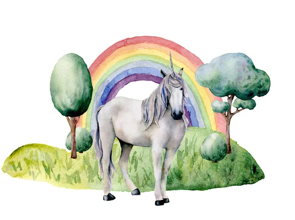 Carte de conte de fées aquarelle witn licorne et arc-en-ciel. Arbres et buissons verts peints à la main, licorne isolée sur fond blanc. Illustration forestière pour la conception, l'impression . — Photo