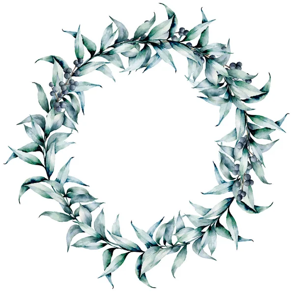 Watercolor wreath with eucalyptus leaves. Hand painted floral wreath with branches, berries, leaves of eucalyptus isolated on white background. Floral illustration for design, print or background. — Stock Photo, Image