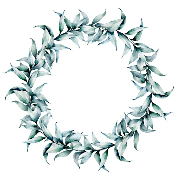 Watercolor wreath with silver eucalyptus leaves. Hand painted floral wreath with branches and white flowers isolated on white background. Illustration for design, print or background. — Stock Photo, Image