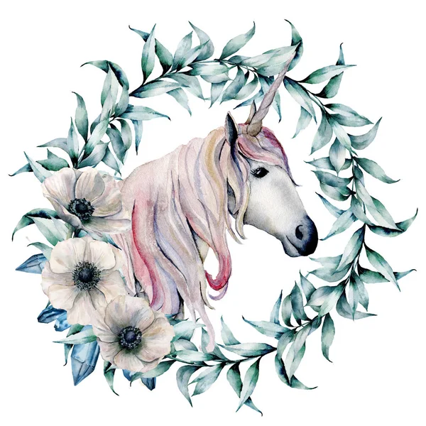 Watercolor wreath with eucalyptus leaves and unicorn. Hand painted floral wreath with branches and white anemones isolated on white background. Illustration for design, print or background. — Stock Photo, Image