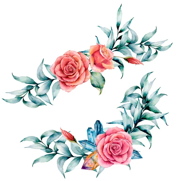 Aquarel asymmetrische boeket met roos en eucalyptus. Handgeschilderde rode bloemen, eucalyptus bladeren en branch geïsoleerd op een witte achtergrond. Illustratie voor ontwerp, print of achtergrond. — Stockfoto
