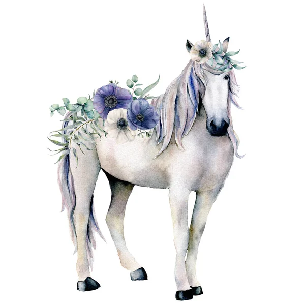 Unicórnio branco elegante aquarela com buquê de flores anêmona. Cavalo mágico pintado à mão, anêmona branca e azul isolada sobre fundo branco. Ilustração de personagem de conto de fadas para design, impressão . — Fotografia de Stock