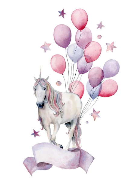 Watercolor fantasy label with unicorn and air ballons. Hand painted white horse, air balloons, stars isolated on white background. Pastel decor collection. Holiday illustrations. — Stock Photo, Image
