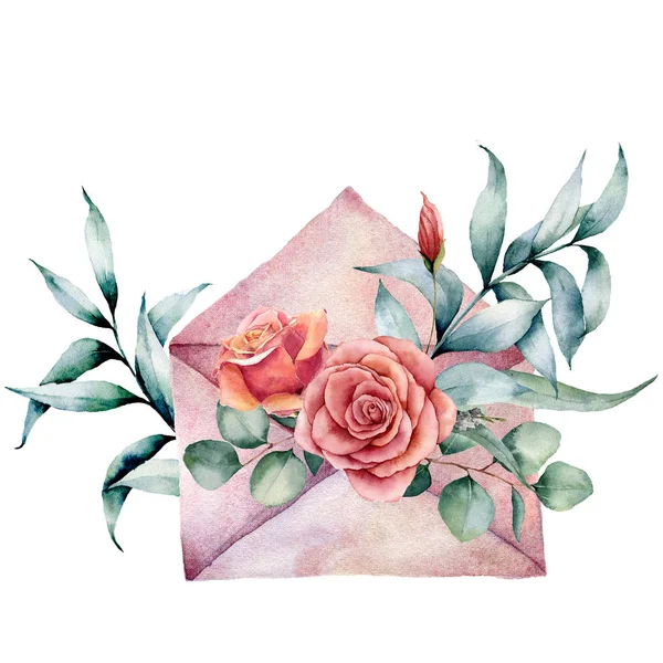 Aquarel decor verjaardagskaart met envelop en roos boeket. Handgeschilderde eucalyptus bladeren geïsoleerd op een witte achtergrond. Vakantie illustraties. — Stockfoto