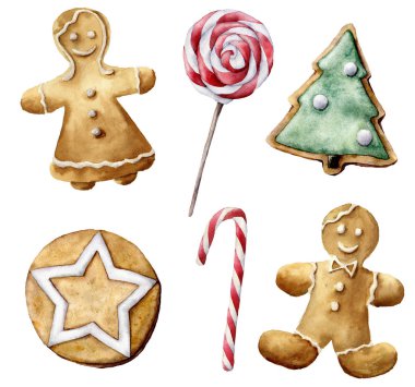 Sulu boya Noel pasta ayarlayın. El boyalı şeker kamışı, nane lolipop, Noel ağacı ve beyaz arka plan üzerinde izole beyaz yıldız ile tatlılar. Tatil sembolleri. Mevsimlik trendy illüstrasyon.