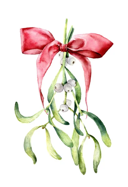 Akvarell mistel bukett. Hand målade mistel blad, grenar med bär, röda bow isolerade på vit bakgrund. Jul-symbol. Holiday illustration. — Stockfoto