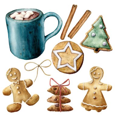 Suluboya kupa kakao ve Noel pasta. El boyalı fincan kakao, hatmi, kurabiye ve tarçın izole üzerinde beyaz arka plan yapışır. Tatil sembolleri. Mevsimlik trendy illüstrasyon.