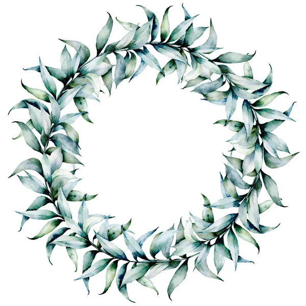 Akwarela eukaliptusa wieniec. Ręcznie malowane Boże Narodzenie wieniec z eukaliptusa gałęzi i liści na białym tle. Ilustracja do projektowania, drukowania lub tła. — Zdjęcie stockowe