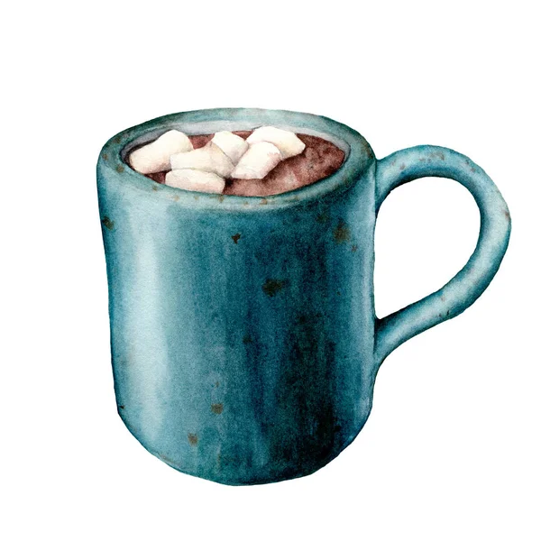 Copa de acuarela de cacao con malvavisco. Taza pintada a mano con bebida caliente aislada sobre fondo blanco. Ilustración estacional para diseño, impresión o fondo . —  Fotos de Stock