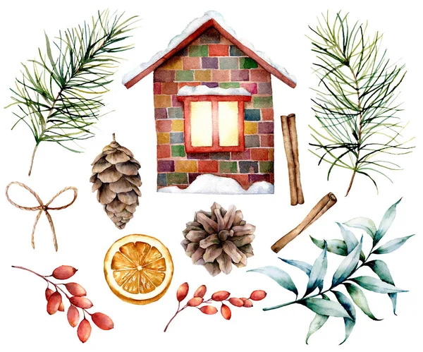 Akvarelu vánoční výzdoba s keramickými domu. Ručně malované jedle větve a šišek, skořice, dřišťál, eukalyptus, plátek pomeranče a luk izolovaných na bílém pozadí. Dovolená symbol pro design. — Stock fotografie