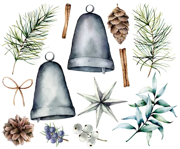 Aquarel kerst Scandinavische inrichting. Handgeschilderde fir takken en kegels, zilveren klokjes, star, juniper, Sneeuwbes, eucalyptus en boog geïsoleerd op een witte achtergrond. Vakantie symbool voor ontwerp, afdrukken. — Stockfoto