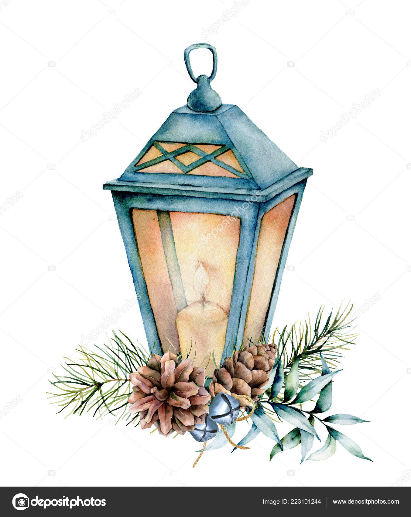 lanterne de noël aquarelle avec bougies, pomme de pin et houx