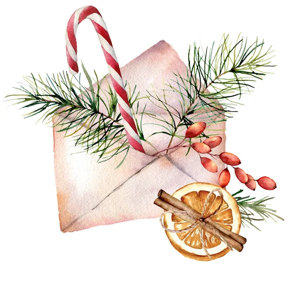 Envelope de Natal aquarela com decoração. Ramo de abeto pintado à mão, barberry, laranja, canela, cana-de-açúcar isolada no fundo branco. Composição de férias para design, impressão ou fundo . — Fotografia de Stock