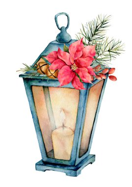 Suluboya mavi Fener'in Noel dekorasyonu ile. El boyalı lamba, mum, köknar dalı, Atatürk çiçeği, altın çan, köknar koni ve beyaz arka plan üzerinde izole kızamık. Tatil sembol tasarımı, baskı için.
