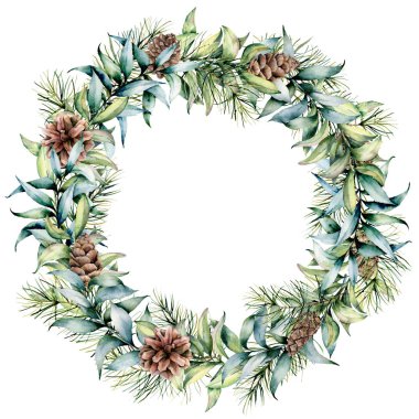 Sulu boya Noel çelenk ile okaliptüs, çam kozalakları. El boyalı köknar sınır koniler, yılbaşı ağacı, ile okaliptüs izole üzerinde beyaz arka plan bırakır. Tatil çiçek illüstrasyon tasarımı için