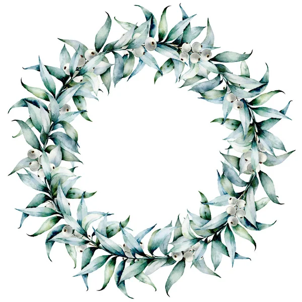 Watercolor wreath with eucalyptus leaves. Hand painted Christmas wreath with eucalyptus branch and white berries isolated on white background. Holiday floral illustration for design, print, card. — Stock Photo, Image